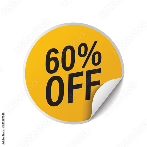 Yellow round discount sticker showing sixty percent off price reduction for commercial retail sales promotions