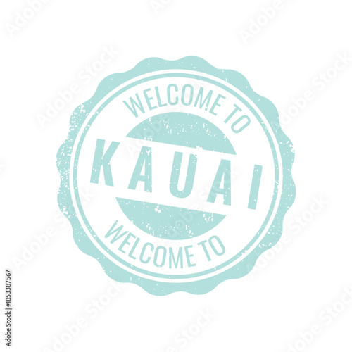 Teal blue vintage postage stamp illustration welcoming travelers to Kauai Hawaii tropical beach island getaway