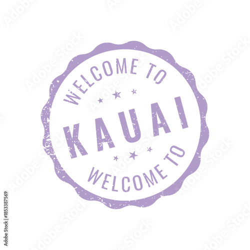 Purple wavy circle rubber stamp design welcoming tourists to Kauai Hawaii garden isle travel destination