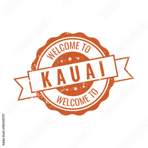 Orange vintage rubber stamp with ribbon banner welcoming visitors to Kauai Hawaii tropical island paradise