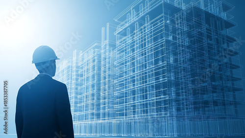 Engineer with building blueprint, isolated on white background