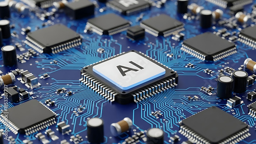 Ai chip on circuit board, isolated on white background