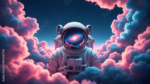 Astronaut helmet with galaxy reflection isolated on white background