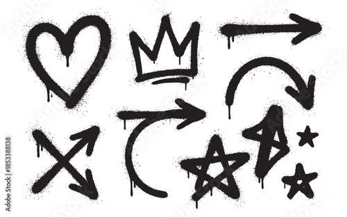 Collection of symbols, heart, crown, arrows and star brush spray stroke set element vector illustration