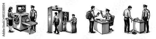 Airport security checkpoint and baggage screening vintage engraving illustration set
