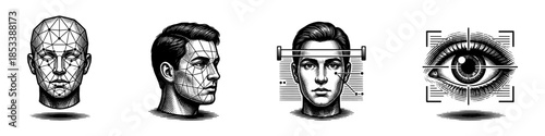 Biometric identification and facial recognition vintage engraving illustration set