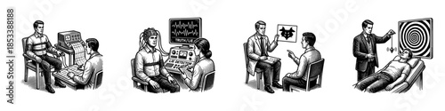Customer support training and service team vintage engraving illustration set