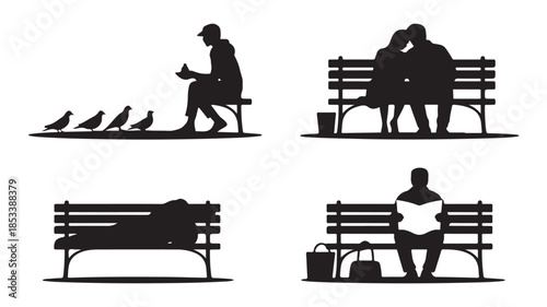 Silhouettes of people sitting on benches in various poses with melancholic mood in black and white with simple texture for urban lifestyle
