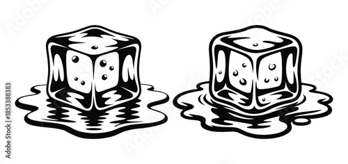 Ice Cube Melting, Puddle of liquid water, Melting ice cubes with water droplets, Frozen water cubes turning into liquid puddles, Silhouette Ice Blocks Melting Water, graphic element for beverages