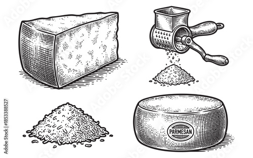 Vintage Parmesan Cheese. Hand Drawn Grater and Wheel Illustration