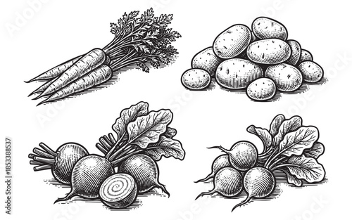 Hand Drawn Root Vegetables. Vintage Carrots, Potatoes, and Beets.