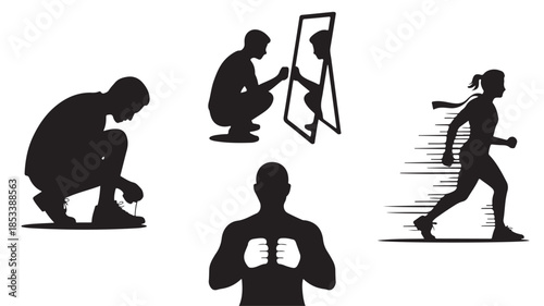 Silhouette of man transforming from depression to running in minimalist black style with dynamic motion blur for mental health awareness