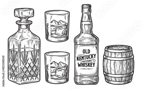 Vintage Whiskey Set. Hand Drawn Decanter, Glasses, and Barrel.