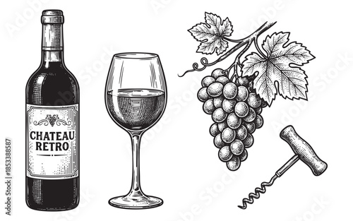 Vintage Wine Set. Hand Drawn Bottle, Glass, and Grapes.