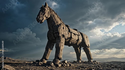 The Trojan Horse A Monumental Wooden Structure Under a Dramatic Sky.