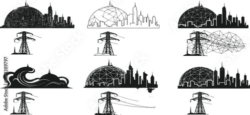 Urban skyline vector, transmission tower illustration, abstract infrastructure design, black and white cityscape art, conceptual energy flow composition