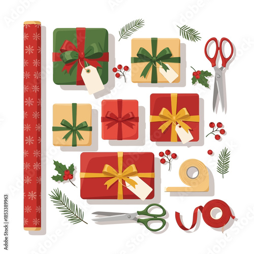 Festive Christmas gift wrapping supplies with scissors ribbon tape and decorations for holiday
