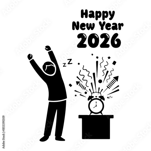 Happy new year 2026 celebration with yawning person icon