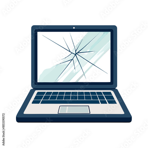 a dark blue laptop computer with a cracked screen displaying radiating fracture lines from a central impact point.
