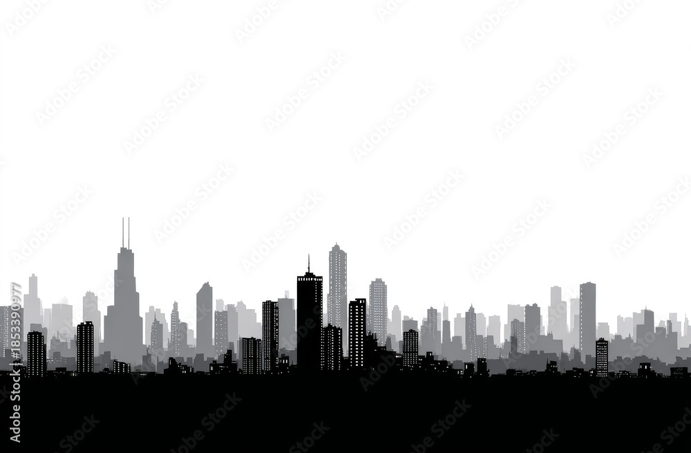 Obraz premium Silhouette of a city skyline in shades of gray with skyscrapers and high-rise buildings