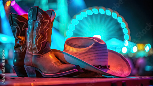 Wallpaper Mural Country music festival featuring boots and ranch stables concept. Stylish cowboy boots and hat against vibrant festival lights at a lively event. Torontodigital.ca
