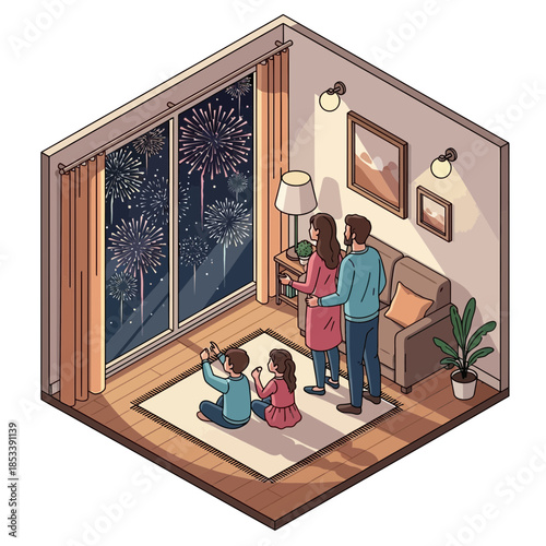 family celebrating new year with fireworks viewing through window in cozy living room scene