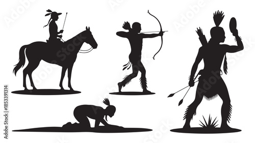 Native American silhouettes in traditional activities with dramatic black and white contrast for cultural heritage illustration