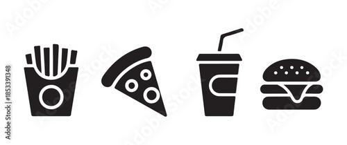 A collection of fast food icons including french fries pizza slice a soft drink and a hamburger