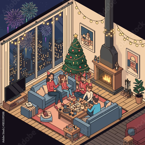 Festive family gathering in a cozy living room decorated for Christmas night with a lit fireplace