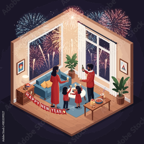 Celebrating New Year in Cozy Living Room with Fireworks Display and Family Gathering