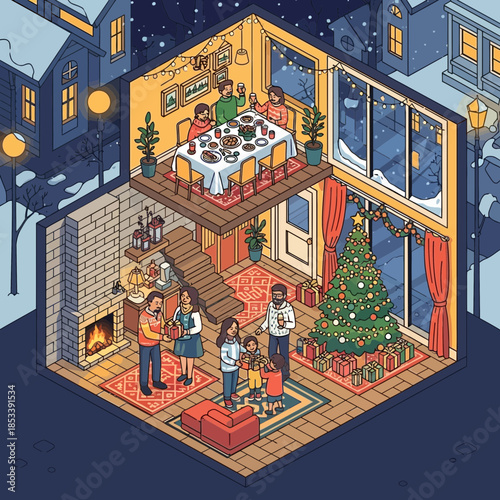 Cozy Christmas celebration inside a beautifully decorated house with family and friends during