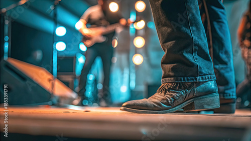 Country music festival live with cowboys in barn concept. A close-up shot of cowboy boots on stage during a lively music performance.