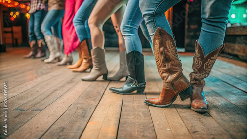 Women dancing in cowboy boots on wooden floor concept. A line of different cowboy boots on a wooden dance floor in a lively atmosphere.