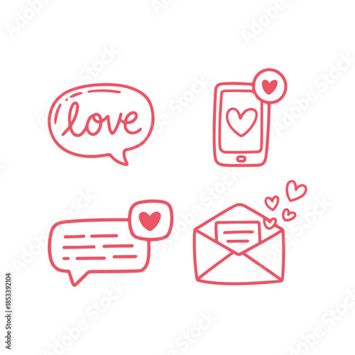 A collection of hand drawn red icons representing love messages and communication through digital devices and mail