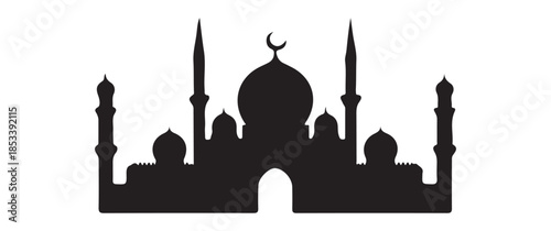 A striking silhouette of a traditional mosque with minarets and a crescent moon showcasing islamic architecture