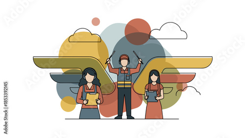 Diverse Team Illustration Firefighter Leading Two Professionals.