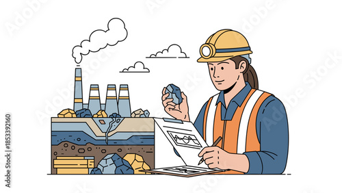 Female Mining Engineer Inspecting Coal Sample at Industrial Site.