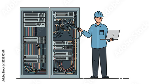 IT Technician Working on Server Rack with Laptop.