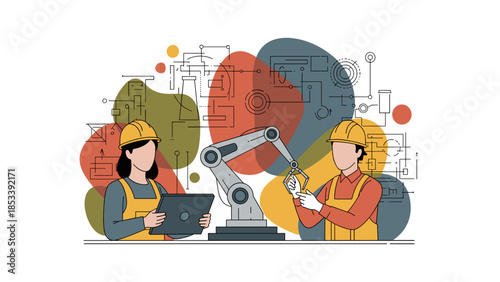 Female engineers collaborating on robotic arm project with digital interface.