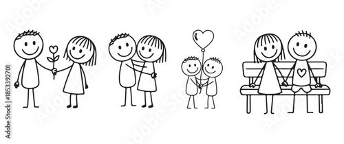 simple black and white illustration depicts a family of six stick figures showing affection and togetherness