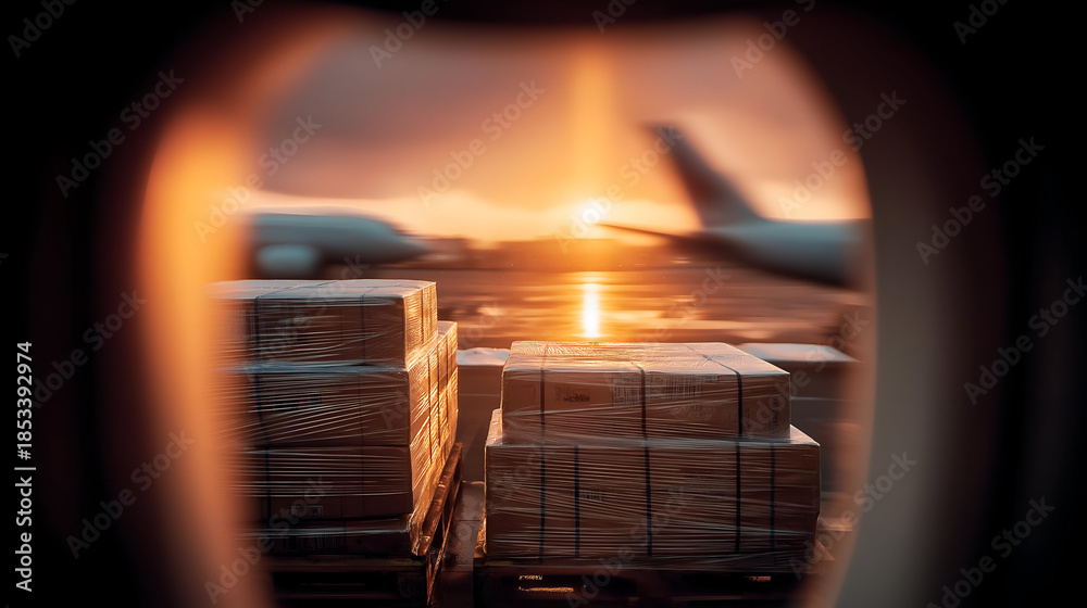 Obraz premium A breathtaking view of a sunset at an airport through a window, showcasing stacked cargo, as planes await in the background for takeoff.