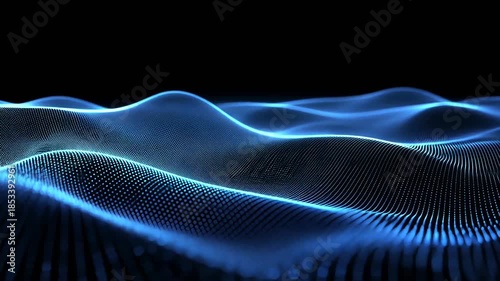 Abstract blue wave background with glowing dots and flowing particles.