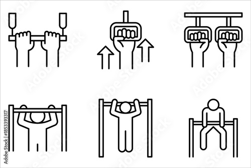 Pull-Up Bar Outline Icon set for Strength and Fitness Training on white background