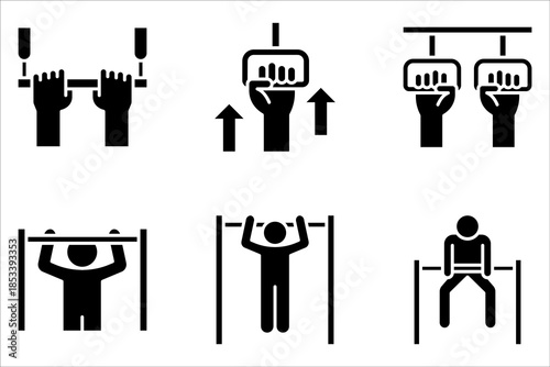 Pull-Up Bar Outline Icon set for Strength and Fitness Training on white background