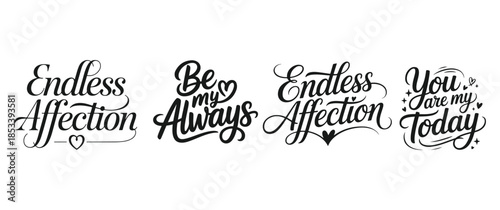 A collection of elegant black calligraphy phrases displaying romantic sentiments like love affection and devotion