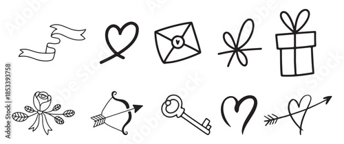 a collection of hand drawn love and romantic themed doodles including hearts arrows gifts and flowers