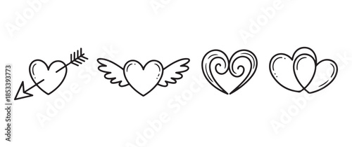 A collection of charming hand drawn heart illustrations featuring arrows wings swirls and intertwining designs in black and white