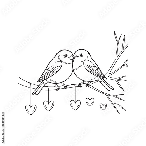 A charming black and white illustration depicts two birds perched on a branch with hearts adorning the scene