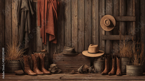 Wallpaper Mural Cowboy interior with old wooden wall background concept. Rustic western boots and hats displayed in a cozy barn setting. Torontodigital.ca