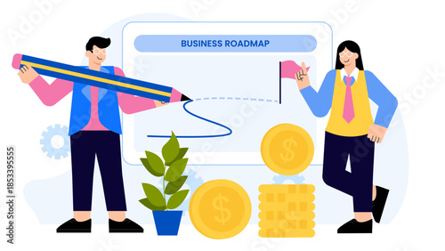 Business people creating business roadmap Flat Vector Illustration